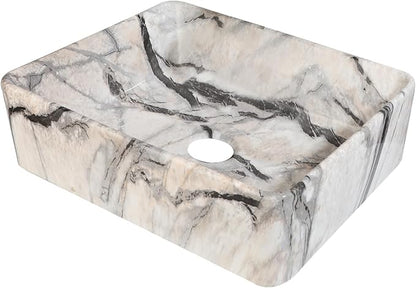 Bathroom Vessel Sink Modern Farmhouse White Rectangular Marble Vessel Sink - 19"x15" Handmade Ceramic Countertop Porcelain Sink Thickened Edges & Natural Stone Veins