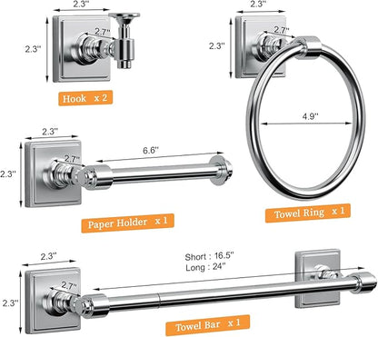 VEHCIL Polished Chrome Bathroom Towel Bar Set, 5 Piece Bathroom Hardware Accessory Set, SUS304 Stainless Steel 24" Towel Rack Holder Set for Bathroom, Wall Mounted