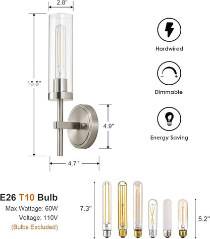 Brushed Nickel Hardwired Wall Sconces Set of 2, Modern Bathroom Sconces Vanity Light Fixture, Farmhouse Wall Mount Lamps for Mirror Living Room Bedroom Hallway
