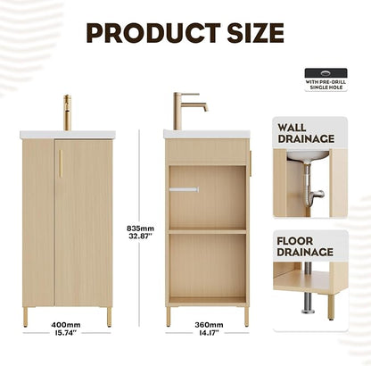 Pre-Assembled 16 Inch Small Bathroom Vanity, Freestanding Oak Bathroom Cabinet with Ceramic Sink, Soft-Close Door, Left Side Storage, No Faucet, BV05-16-OAK-PLUS