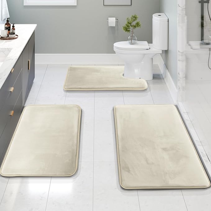 Clara Clark 3 Piece Bathroom Rugs Bath Mat Set, Velvet Memory Foam Bath Mats for Bathroom - Non-Slip, PVC Backing Bath Rugs, Washable - Dries Quickly, White