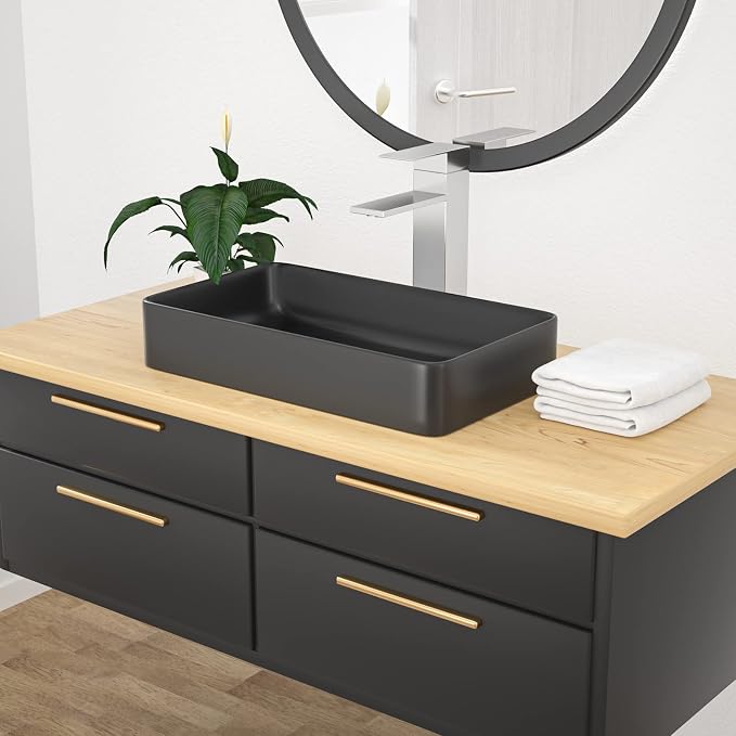 Black Vessel Sink Rectangle- 24"x16" Modern Rectangular Top Counter Bathroom Sink Matte Black Porcelain Ceramic Lavatory Sink Bowl Art Basin