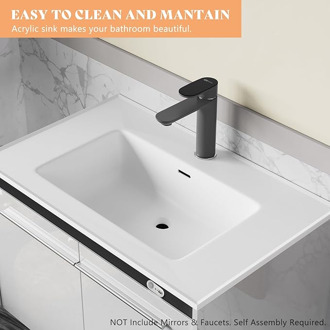 AMERLIFE 31" LED Floating Bathroom Vanity with Single Sink, Modern High Gloss Wall Mounted Bathroom Storage Cabinet with Metal Handles, White
