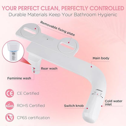Jamini Left-Hand Ultra-Slim Toilet Bidet Attachment, Non-Electric, Dual Nozzles for Rear and Female Front Wash, Adjustable Single Cold Water Pressure, 0.23" Slim Profile, Detachable for Easy Cleaning