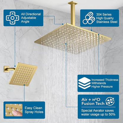 Shower Faucet Set Brushed Gold Bathroom Rainfall Shower System, 12 Inch Ceiling Mount Shower Head with 6 Inch Wall Mount Shower Head, Include Shower Valve and Trim Kit