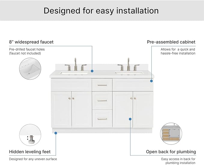 ARIEL Hamlet 60-inch Bathroom Vanity with Sink,Solid Wood, 1.5-inch Pure White Quartz Countertop & Backsplash, Double Rectangular Porcelain Sink, 4 Soft Closing Doors, 3 Dovetail Drawers, White