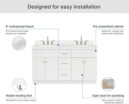 ARIEL Hamlet 60-inch Bathroom Vanity with Sink,Solid Wood, 1.5-inch Pure White Quartz Countertop & Backsplash, Double Rectangular Porcelain Sink, 4 Soft Closing Doors, 3 Dovetail Drawers, White