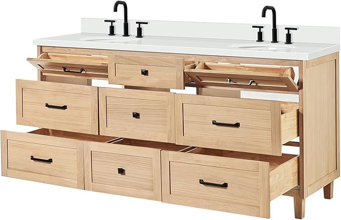 ARIEL Monroe 72-inch Bathroom Vanity with Sink,Solid Wood, 1.5-inch Pure White Quartz Countertop & Backsplash, Double Rectangular Porcelain Sink, 9 Dovetail Drawers, Matte Black, White Oak