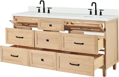 ARIEL Monroe 72-inch Bathroom Vanity with Sink,Solid Wood, 1.5-inch Pure White Quartz Countertop & Backsplash, Double Rectangular Porcelain Sink, 9 Dovetail Drawers, Matte Black, White Oak