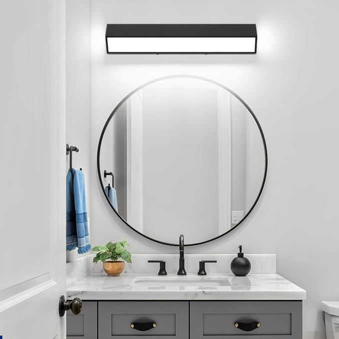 24-Inch LED Modern Bathroom Vanity Light Fixtures, Matte Black Modern Acrylic Bathroom Wall Lighting Fixtures Over Mirror (Cool White 6000K)