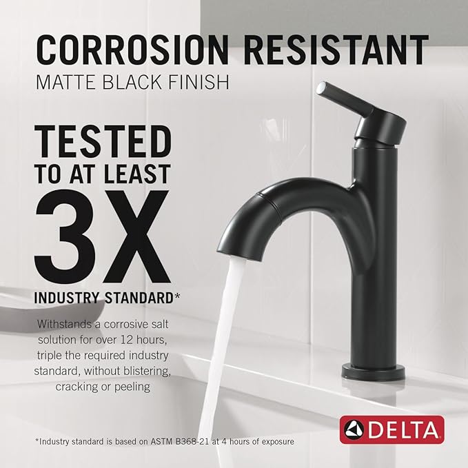 Delta Nicoli 1 Hole Matte Black Bathroom Faucet with Sprayer, Single Hole Bathroom Sink Faucet with Pull Out Sprayer for Vanity, Push-Pop Drain, Matte Black 15749LF-BLPD