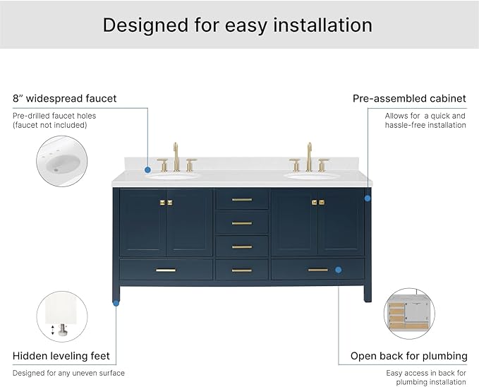 ARIEL Cambridge 72-inch Bathroom Vanity with Sink,Solid Wood, 1.5-inch Carrara White Quartz Countertop, Double Oval Porcelain Sink, 4 Soft Closing Doors, 6 Dovetail Drawers, Midnight Blue