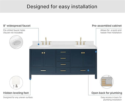 ARIEL Cambridge 72-inch Bathroom Vanity with Sink,Solid Wood, 1.5-inch Carrara White Quartz Countertop, Double Oval Porcelain Sink, 4 Soft Closing Doors, 6 Dovetail Drawers, Midnight Blue