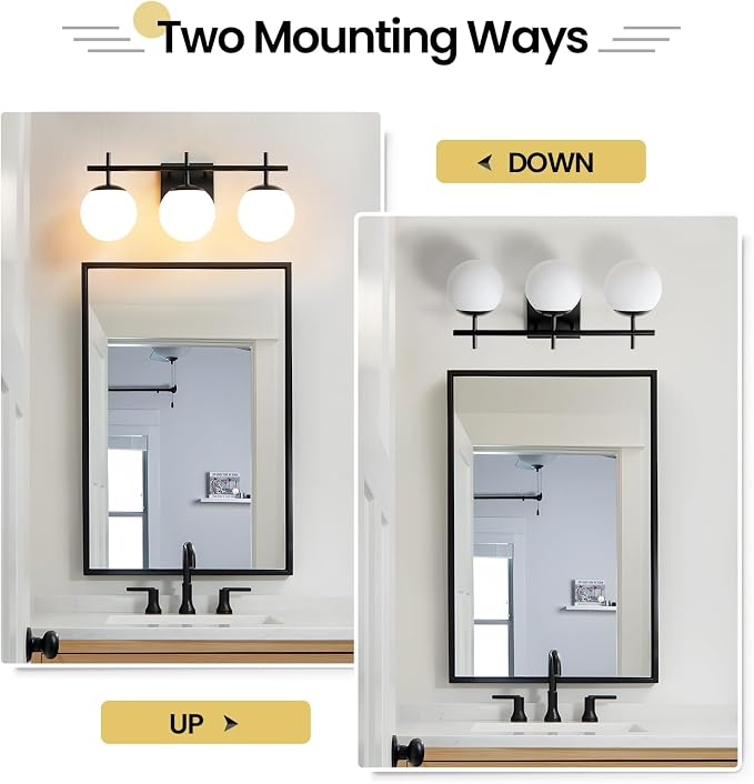AIJIASI Black Bathroom Vanity Light, 3-Light Bathroom Lighting Fixtures Over Mirror with Milky White Globe Glass Shade, Mid Century Modern Vanity Lights Fixture Over Mirror 22.4 Inch