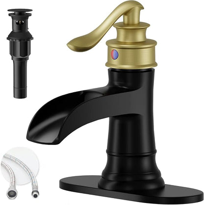 Bathroom Sink Faucet 3 Hole Double Handle Widespread Waterfall | Black and Gold,Solid Brass,8 Inch,Pop-up Drain,Control of Hot and Cold Water,Rust-Resistant,Corrosion Resistant, Long-Lasting