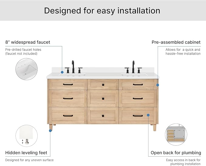 ARIEL Monroe 72-inch Bathroom Vanity with Sink,Solid Wood, 1.5-inch Pure White Quartz Countertop & Backsplash, Double Oval Porcelain Sink, 9 Dovetail Drawers, Matte Black, White Oak