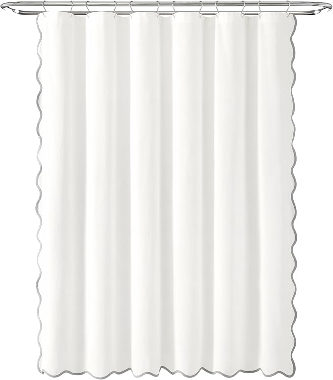 Lush Decor Coastal Chic Scallop Edge Linen-Textured Shower Curtain, Single 72" W x 72" L, Gray & White - Scalloped Shower Curtains - Coastal Bathroom Curtain