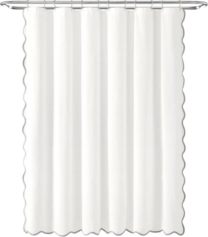 Lush Decor Coastal Chic Scallop Edge Linen-Textured Shower Curtain, Single 72" W x 72" L, Gray & White - Scalloped Shower Curtains - Coastal Bathroom Curtain