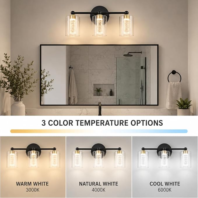 Black and Gold Vanity Light with 3 Color Modes, Eye Protection LED Bathroom Light Fixtures, Dimmable Modern Wall Light Over Mirror with Clear Glass Shade (Black & Gold, 3-Light)