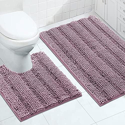 2-Piece Bathroom Rug Set with U-Shaped Mat, Absorbent Chenille, Mauve/Rose
