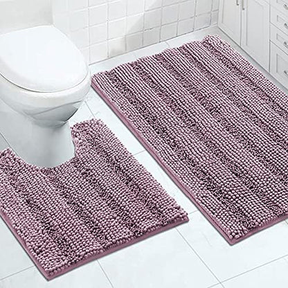 2-Piece Bathroom Rug Set with U-Shaped Mat, Absorbent Chenille, Mauve/Rose