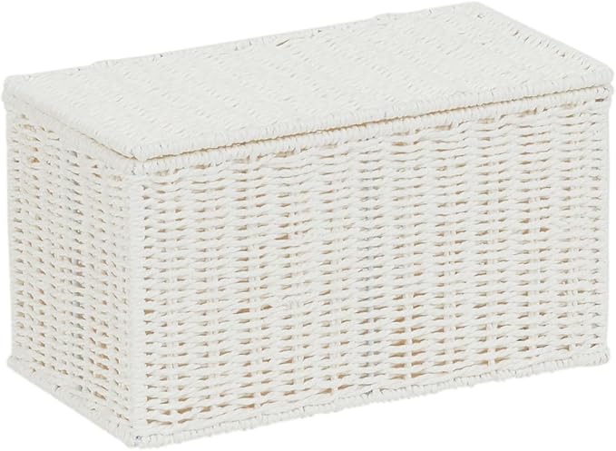 Household Essentials Small Handwoven Paper Rope Wicker Basket with Lid, White (Pack of 6)