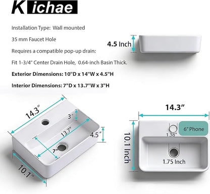 Floating Bathroom Sink Wall Mounted - Rectangle Vessel Sink 14" x 10" Small Modern Bathroom Wall Hung Sink White Porcelain Ceramic Vessel Vanity Sinks with Faucet Hole
