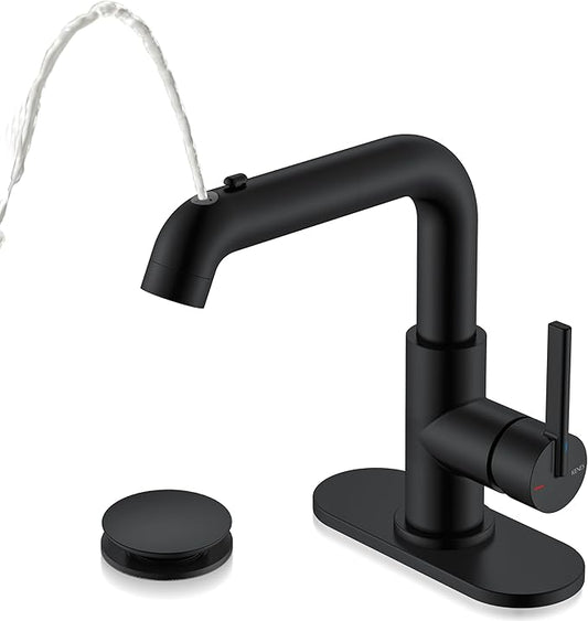 Black faucet with handle on a white background