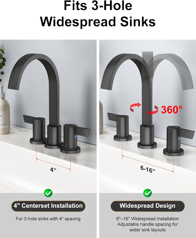 Matte Black 3 Hole Bathroom Faucet,8" Widespread Vanity Faucet | 2 Handle Waterfall Bathroom Sink Faucet with Pop-Up Drain,Supply Lines,360° Swivel Spout,Lead-Free Stainless Steel,Deck Mount