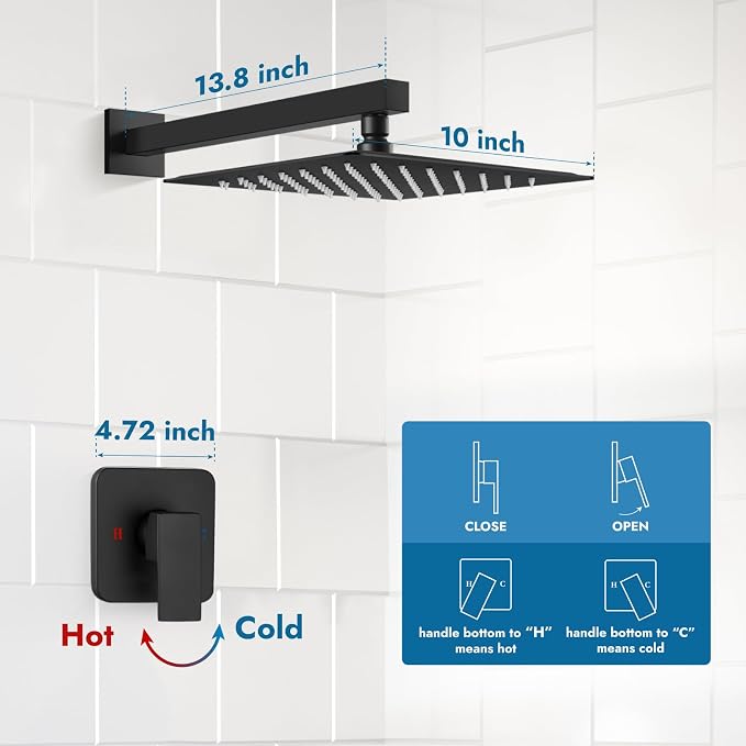 Matte Black Shower Faucet Set, 10 Inch Rain Shower System with Valve | Complete Rain Shower Set with Valve, Single Handle Wall Mount Design
