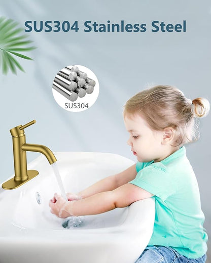 Aolemi Bathroom Faucet Single Hole,Single Handle Bathroom Sink Faucet with Supply Lines,with Pop Up Drain Assembly and Deck Plate,Gold