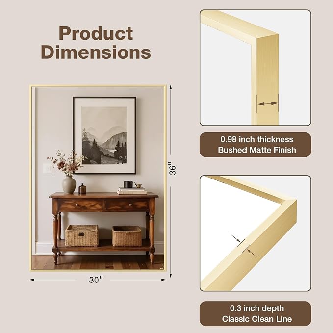 MZON 30" x 36" Brushed Gold Bathroom Vanity Mirror, Mirror for Over Sink | Aluminum Alloy Frame, Clear Reflection, Rust-Resistant, Vertical or Horizontal, Wall Mount, Bedroom and Entryway