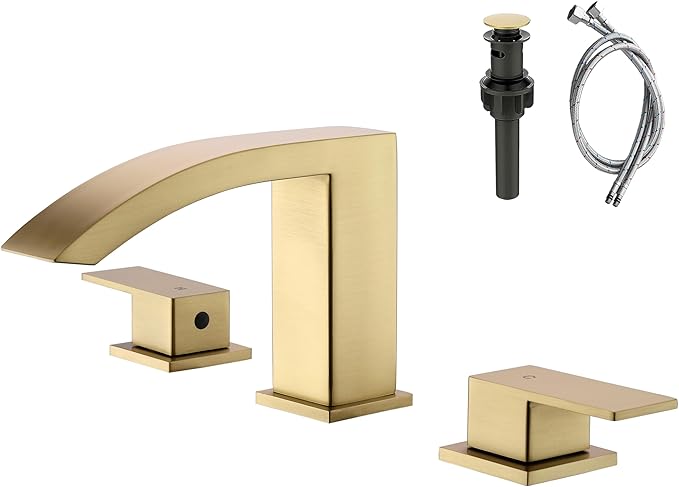 Brushed Gold Waterfall Bathroom Faucet 3 Holes - 8 inch Bathroom Sink Faucet 2 Handles - Stainless Steel Widespread Bathroom Vanity Faucet with Pop Up Drain & 2 Water Supply Lines