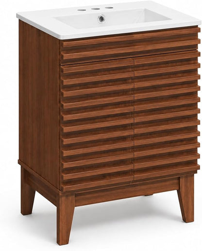 24 Inch Bathroom Vanity with Sink, Walnut Fluted Freestanding Bathroom Vanity Cabinet with Ceramic Sink Top, Solid Wood Legs, Soft Close Double Doors and Modern Storage Cabinet