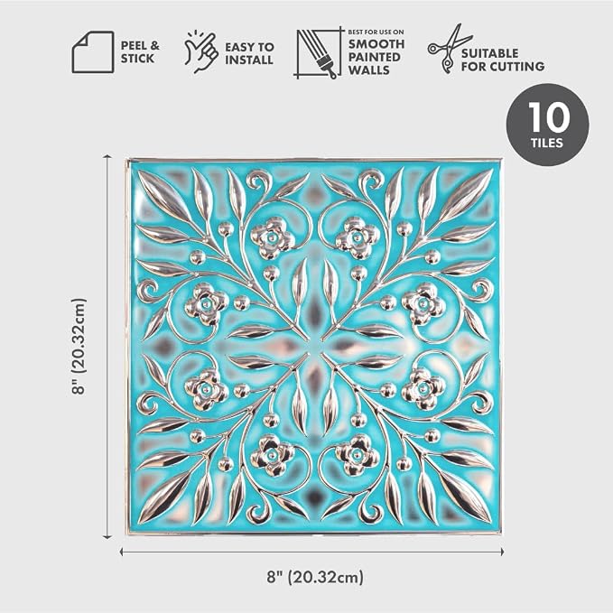 Peel and Stick Metal Tiles, Teal & Silver Leaves, 10-Pack | 8 x 8 in tile size; Covers up to 4.44 sq ft; Aluminum; Water-resistant surface; For kitchens, ceilings, DIY projects