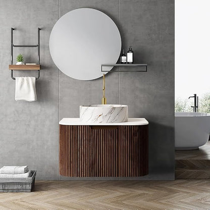LKTART 24 Inch Floating Bathroom Vanity with Sink, Modern Wall Mounted Bathroom Storage Cabinet with Drawer, Stone Pattern Round White Ceramic Sink Top and Marble Texture Top, Walnut