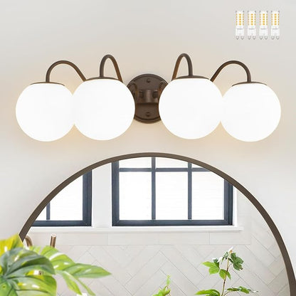 4 Lights Vintage Bathroom Vanity Light Fixtures Over Mirror, Oil Rubbed Bronze Vanity Lights For Bathroom With Milk Glass Globe Shade, Wall Lights For Bedroom, Hallway, Dressing Table(G9 Incl.)