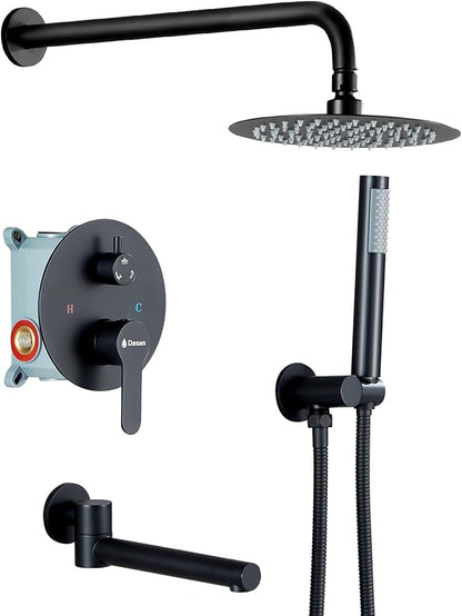 DASAN Tub Shower Faucets Sets Complete Bathtub Faucet Set Matte Black Bathtub Shower System with Tub Spout, Bathroom Tub and Shower Faucet Combo Trim Kit with Rough-in Valve, DA-SS03AMB-R10W