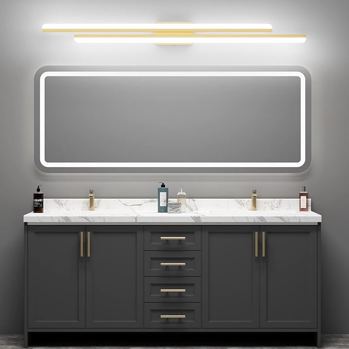 Ralbay 48" Gold Vanity Lights 48W Frosted Aluminum Modern LED Gold Bathroom Vanity Light Fixtures Over Long Mirror Modern Gold Bath Lighting 6000K White Light