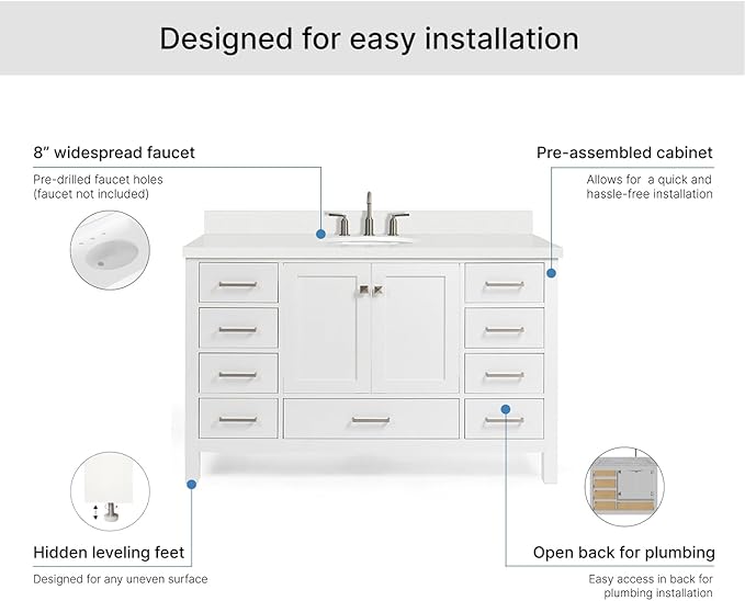 ARIEL Cambridge 54-inch Bathroom Vanity with Sink,Solid Wood, 1.5-inch Pure White Quartz Countertop & Backsplash, Single Oval Porcelain Sink, 2 Soft Closing Doors, 9 Dovetail Drawers, White