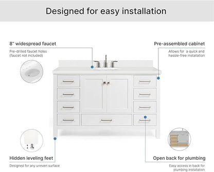 ARIEL Cambridge 54-inch Bathroom Vanity with Sink,Solid Wood, 1.5-inch Pure White Quartz Countertop & Backsplash, Single Oval Porcelain Sink, 2 Soft Closing Doors, 9 Dovetail Drawers, White