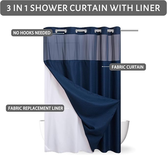 Furlinic Waffle Weave No Hook Shower Curtain with Snap in Fabric Liner Set,Heavy Duty Textured Bathroom Curtain with See Through Window,Waterproof & Machine Washable,Navy Blue,71x72 Inch