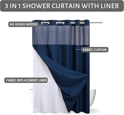 Furlinic Waffle Weave No Hook Shower Curtain with Snap in Fabric Liner Set,Heavy Duty Textured Bathroom Curtain with See Through Window,Waterproof & Machine Washable,Navy Blue,71x72 Inch