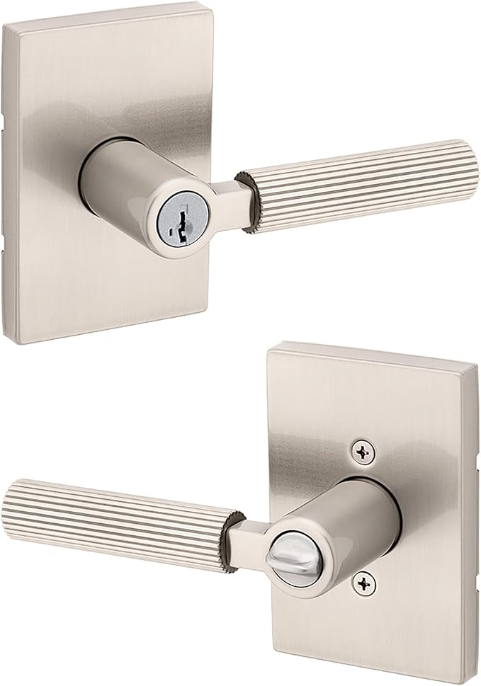 Kwikset Mirada Reeded Entry Door Handle with Lock and Key, Secure Keyed Reversible Lever Exterior, Door Lock for Front Door, Satin Nickel, Pick Resistant SmartKey Security and Microban