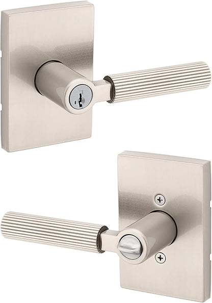 Kwikset Mirada Reeded Entry Door Handle with Lock and Key, Secure Keyed Reversible Lever Exterior, Door Lock for Front Door, Satin Nickel, Pick Resistant SmartKey Security and Microban