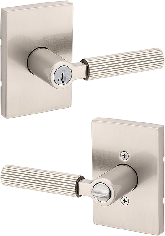 Kwikset Mirada Reeded Entry Door Handle with Lock and Key, Secure Keyed Reversible Lever Exterior, Door Lock for Front Door, Satin Nickel, Pick Resistant SmartKey Security and Microban
