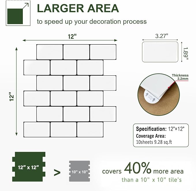 Peel and Stick Backsplash for Kitchen, 3D Subway Thicker 10 Tiles | 12''x12'' Self Adhesive Back Splash for Kitchen, Bathroom, White With Black Grout
