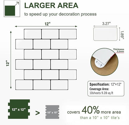 Peel and Stick Backsplash for Kitchen, 3D Subway Thicker 10 Tiles | 12''x12'' Self Adhesive Back Splash for Kitchen, Bathroom, White With Black Grout