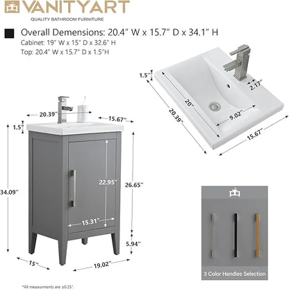 Vanity Art 20 inch Bathroom Vanity with Single Sink & Ceramic Top, Vanity Cabinet with Soft-Closing Doors, Solid Wood Frame, Cashmere Gray, VA9020-G-BN1