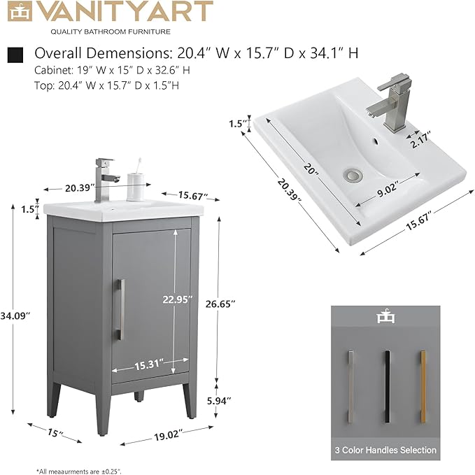 Vanity Art 20 inch Bathroom Vanity with Single Sink & Ceramic Top, Vanity Cabinet with Soft-Closing Doors, Solid Wood Frame, Cashmere Gray, VA9020-G-MB1
